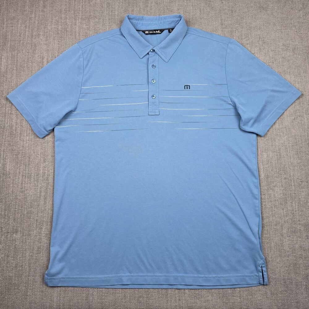 Travis Mathew Polo Shirt Mens XL Blue Chest Stripe Pima Cotton Golf Short Sleeve